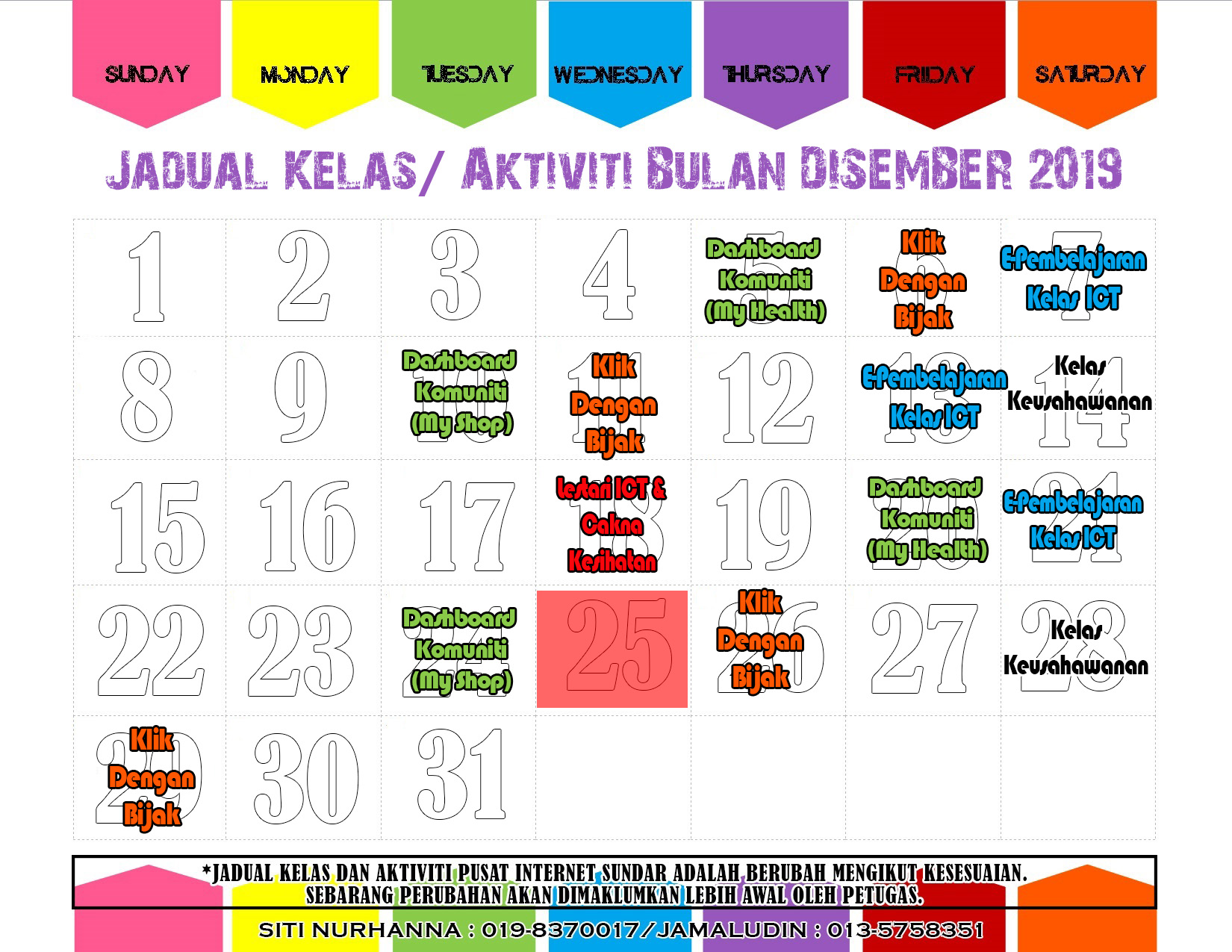 jadual aktiviti disember 2019