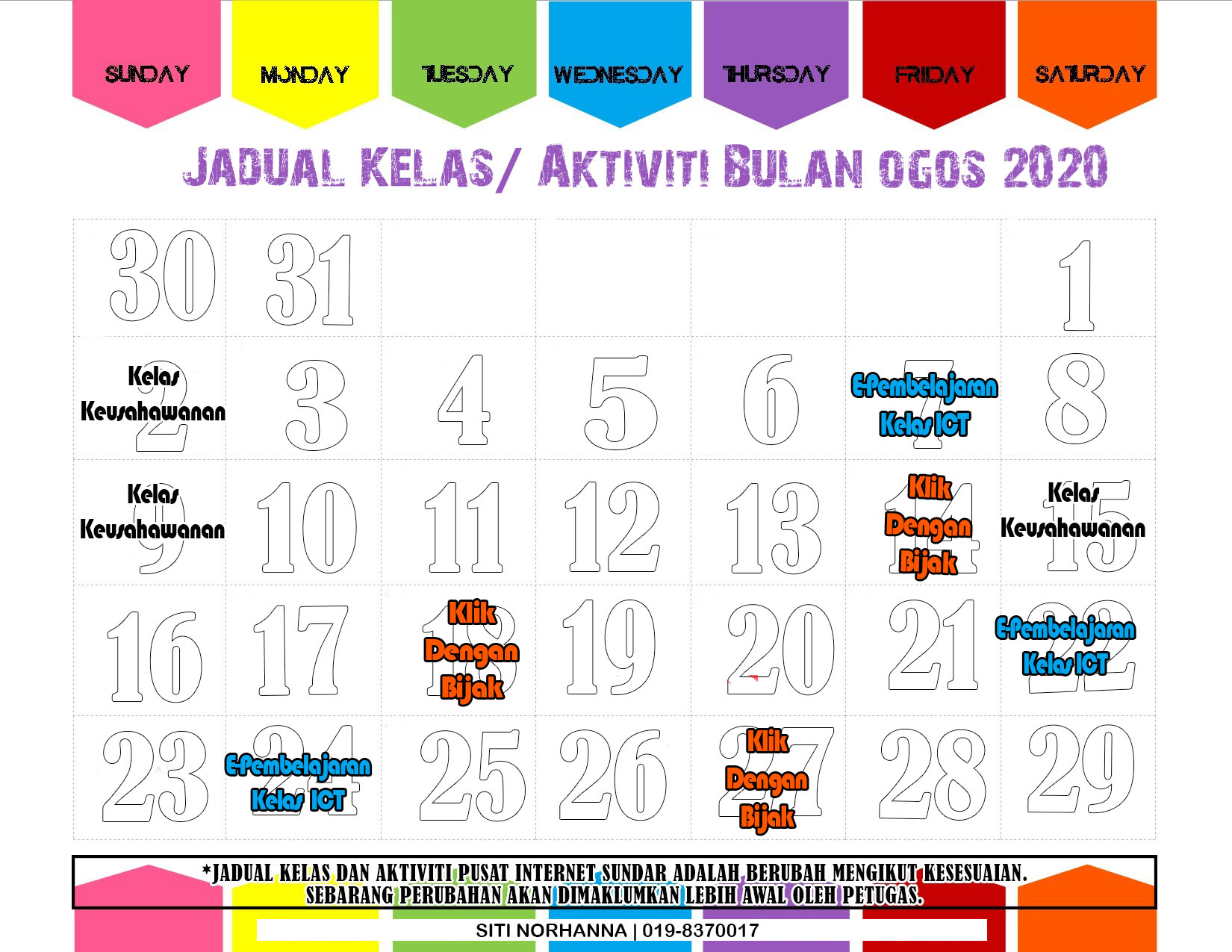 jadual aktiviti ogos 2020