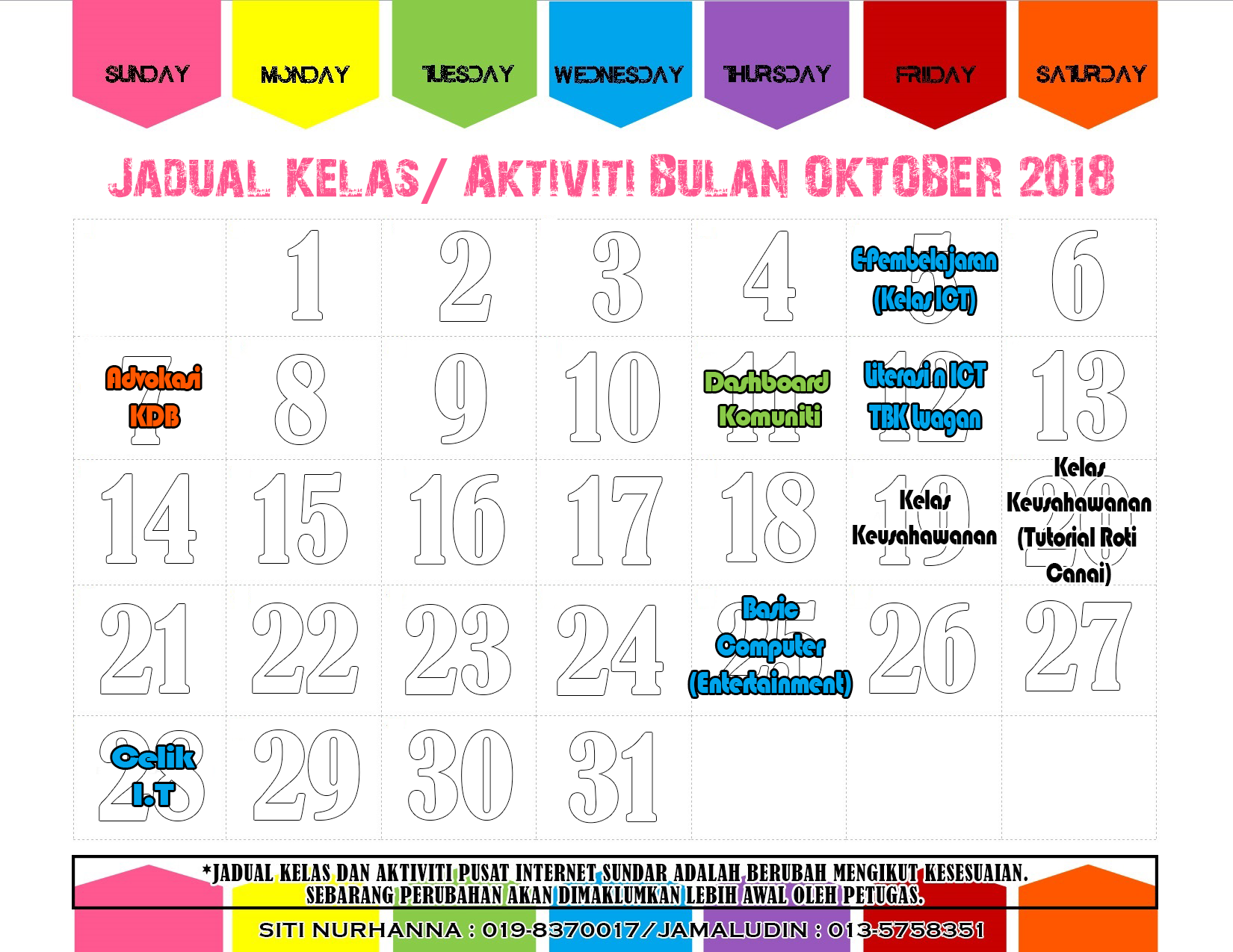 jadual aktiviti oktober 2018