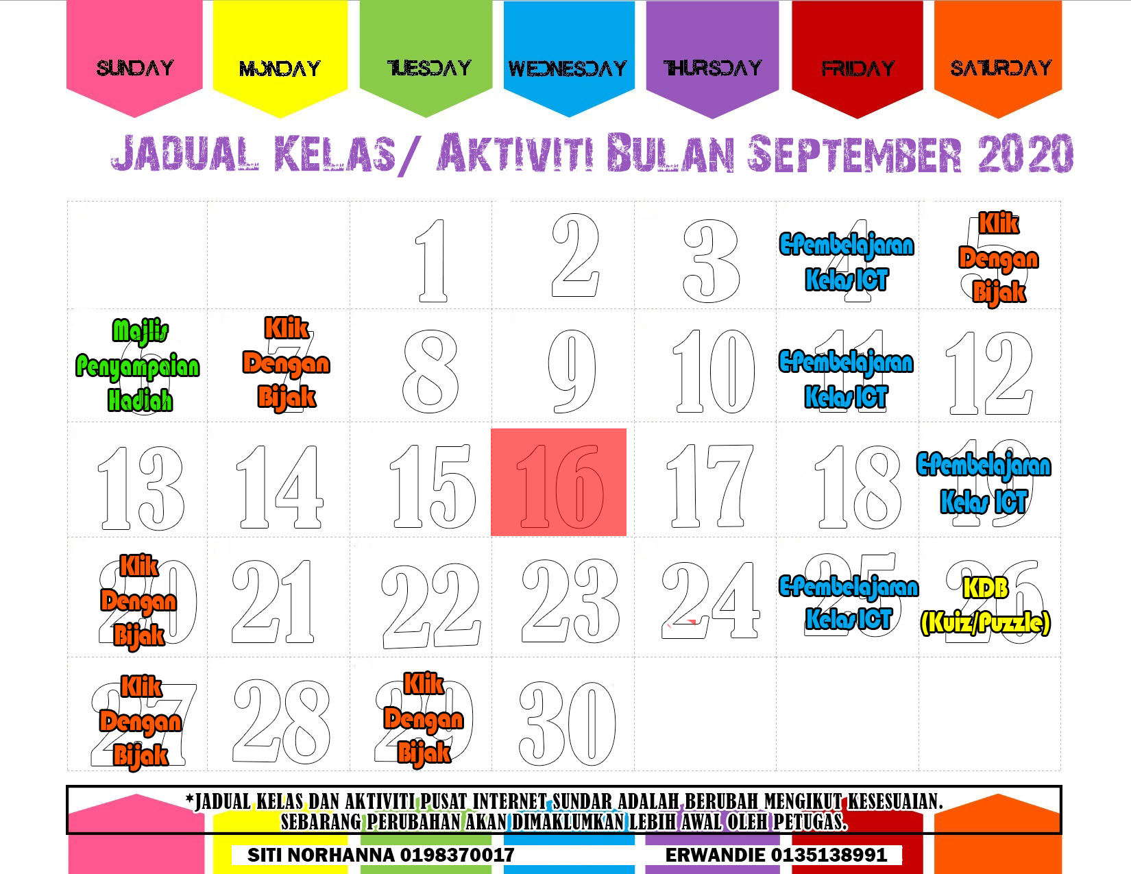 jadual aktiviti sEPT 2020